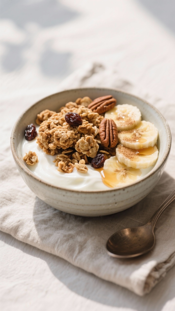Final dish presentation: Restaurant-quality bowl of oatmeal cookie granola served over thick Greek y