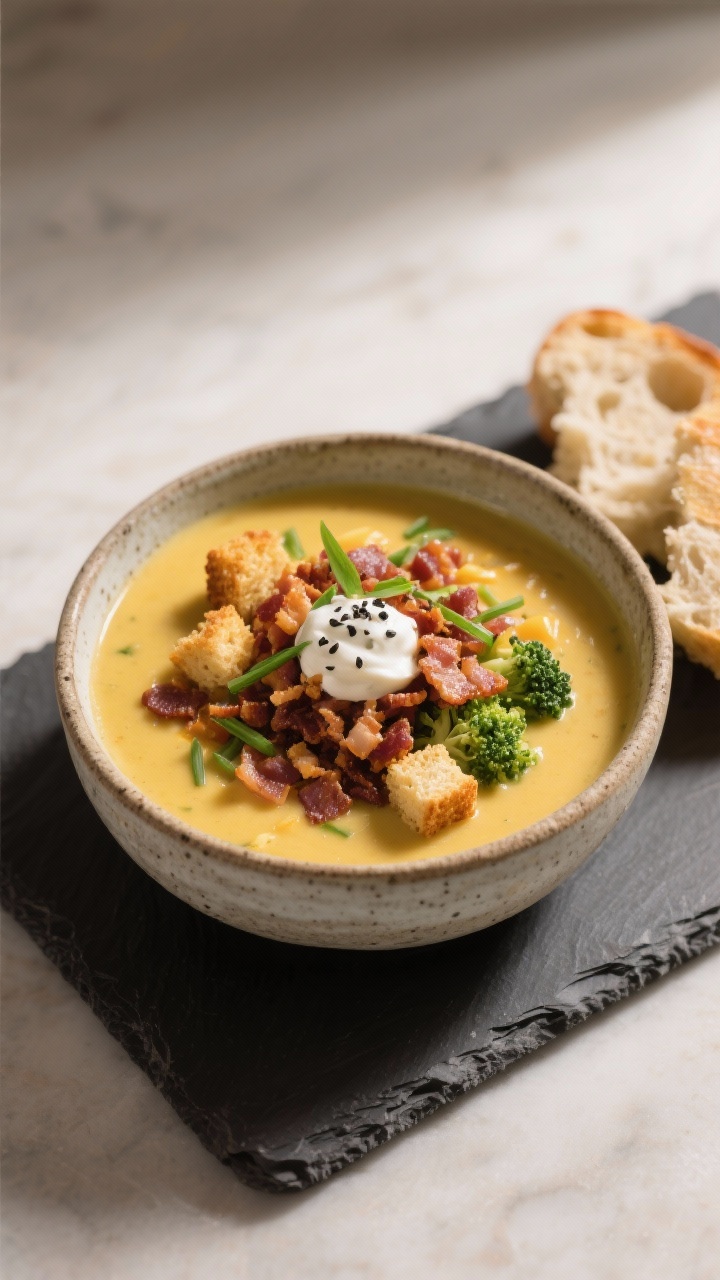 Final dish presentation: Restaurant-quality bowl of Loaded Broccoli Cheddar Soup served in a rustic