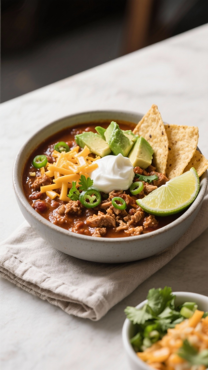 Final dish presentation: Restaurant-quality bowl of turkey taco chili, thick and rich, topped with d