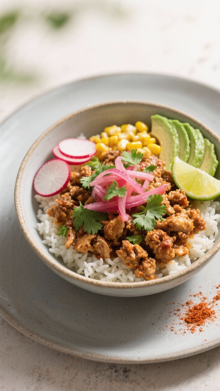 Final dish presentation: Restaurant-quality chicken taco bowl—seasoned ground chicken glossy from 