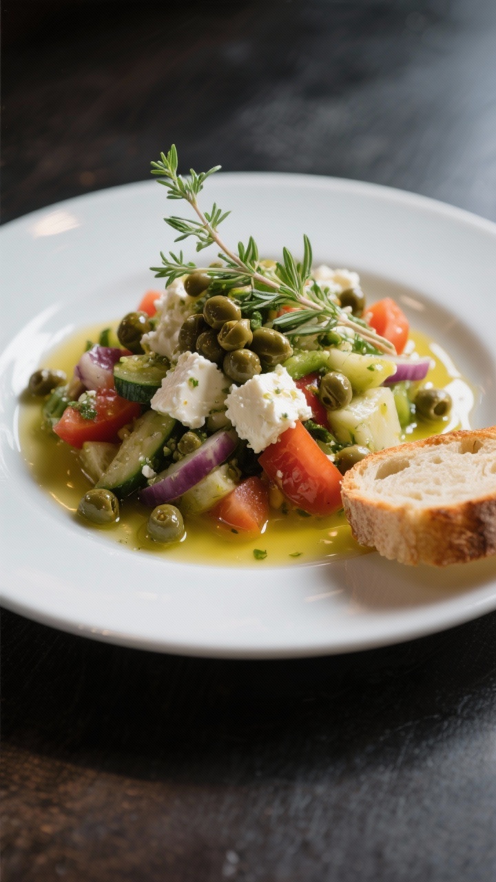 Final dish presentation: Restaurant-quality Greek salad as a light lunch, plated individually with a