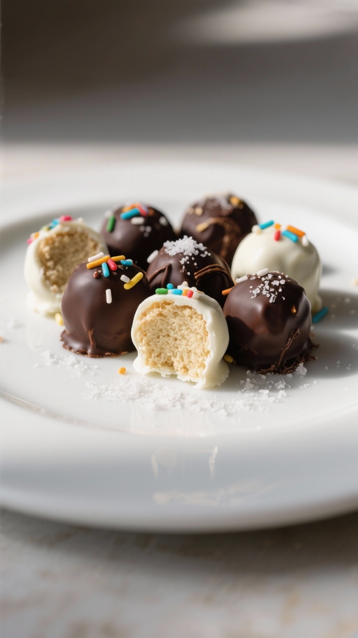 Final dish presentation: Restaurant-quality plate of finished Keto Cake Batter Truffles—half dark-
