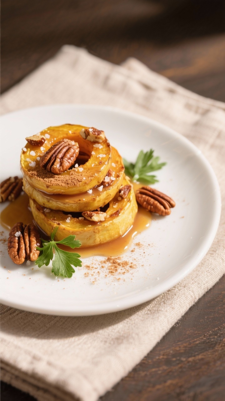 Final dish presentation: Restaurant-quality plate of Maple-Cinnamon delicata rings stacked loosely o