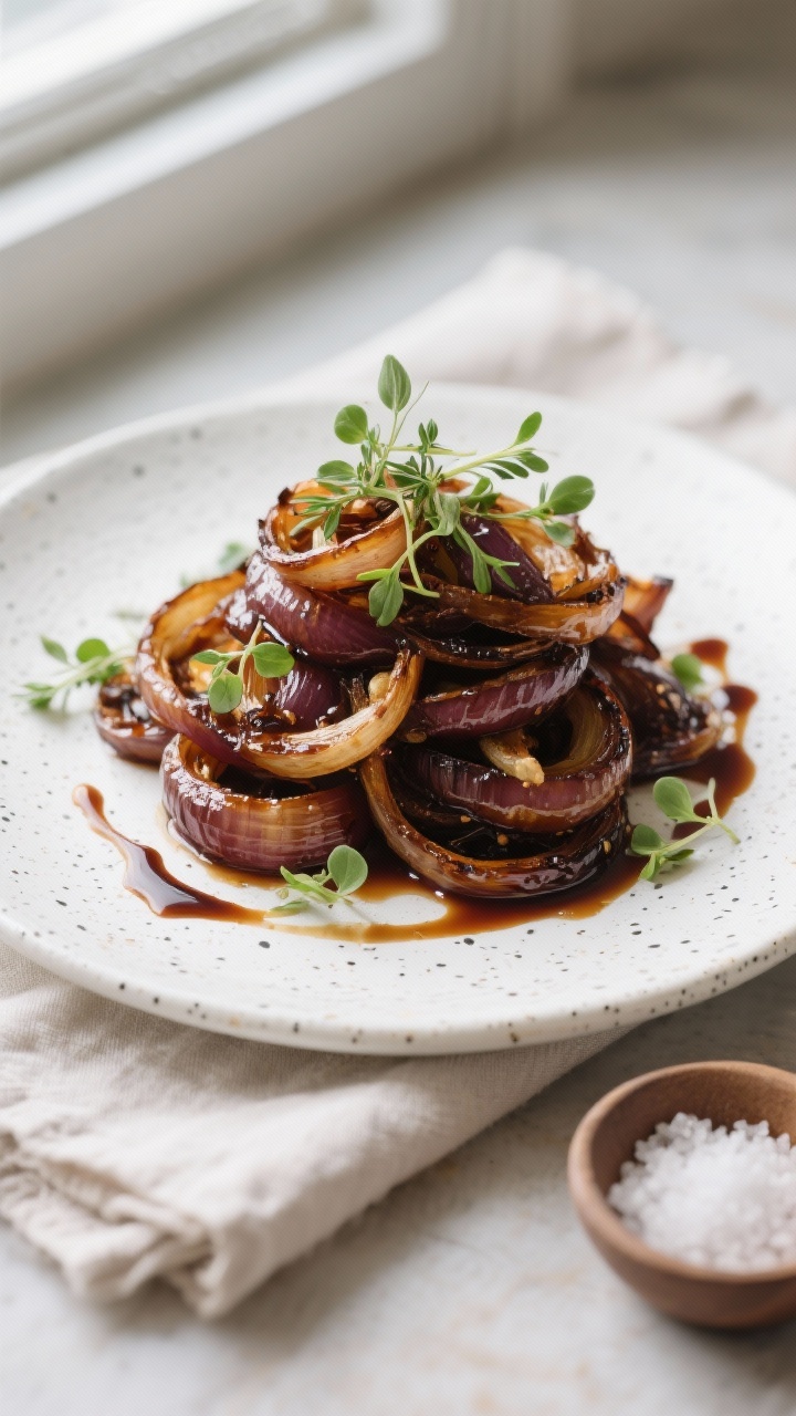 Final dish presentation: Restaurant-quality plate of balsamic-thyme air fryer onions piled high, lac