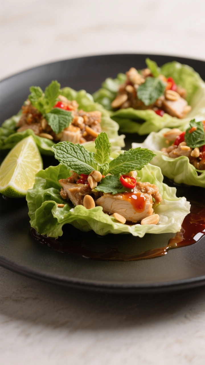Final dish presentation: Restaurant-quality plate of assembled Asian lettuce wraps—butter lettuce 