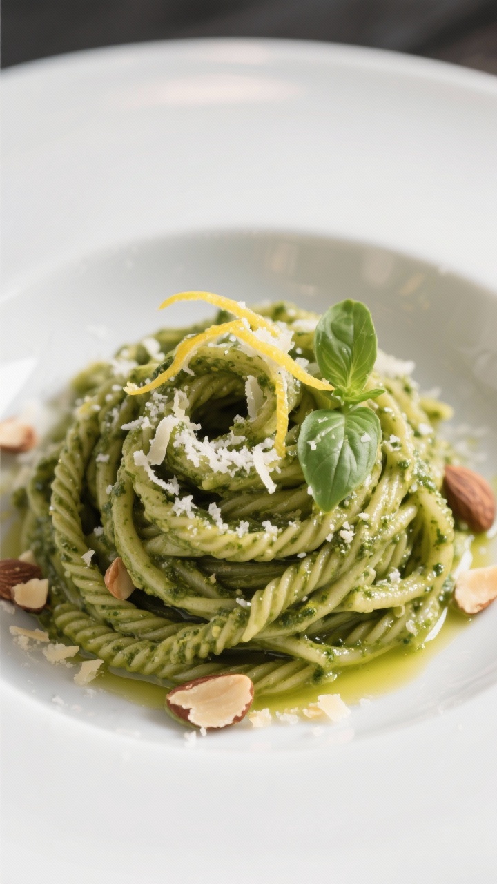 Final dish presentation: Restaurant-quality plate of pesto-tossed trofie, swirled into a nest on a m
