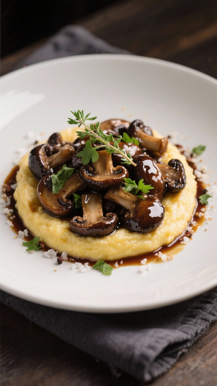 Final dish presentation: Restaurant-quality plate of glossy balsamic mushrooms piled over creamy pol