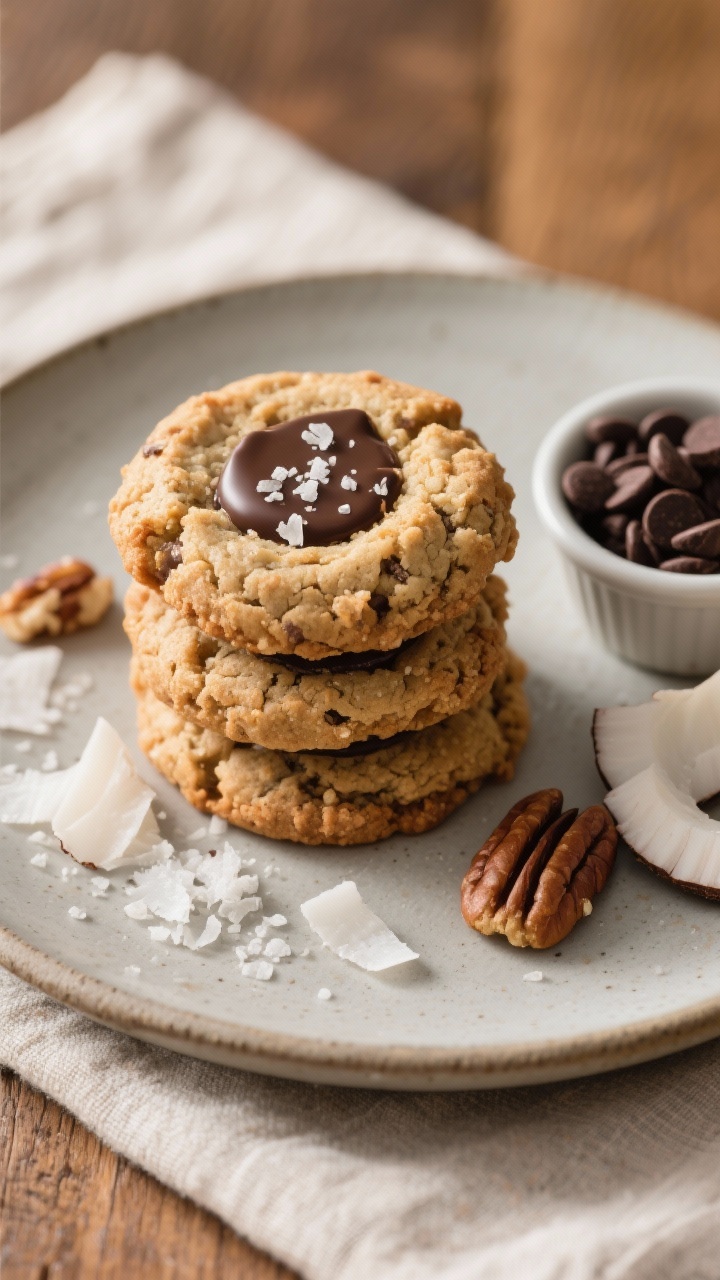 Final dish presentation: Restaurant-quality plate of three Keto Cowboy Cookies stacked and slightly 