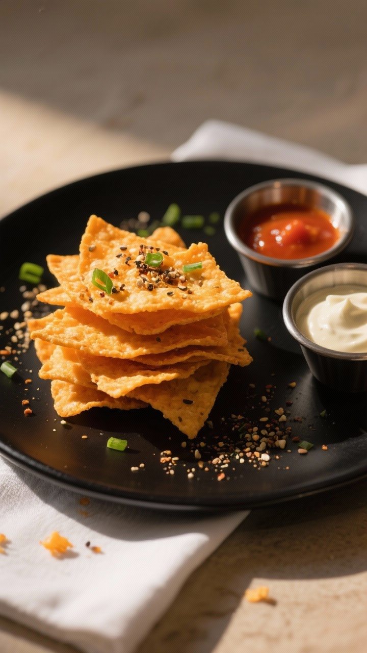 Final dish presentation: Restaurant-quality plate of cheddar garlic cheese crisps stacked and fanned