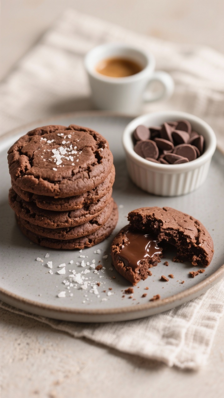 Final dish presentation: Restaurant-quality plate of keto chocolate cookies stacked and fanned on a 