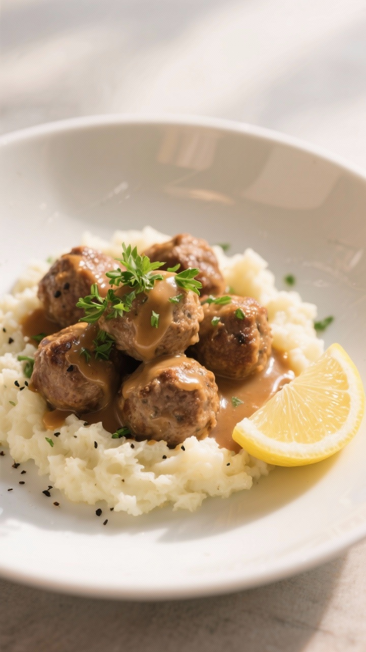 Final dish presentation: Restaurant-quality plate of keto Swedish meatballs over creamy cauliflower