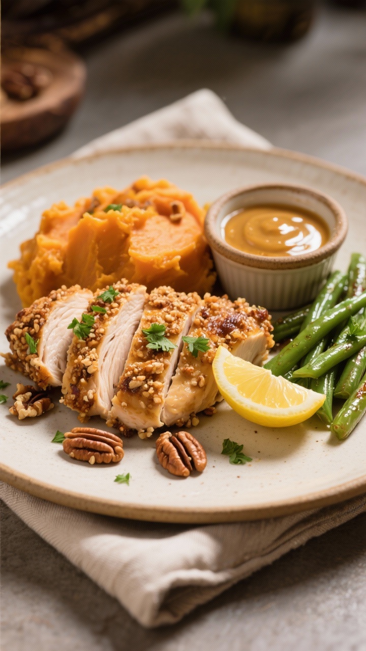 Final dish presentation: Restaurant-quality plate of pecan-crusted chicken sliced on the bias to sho