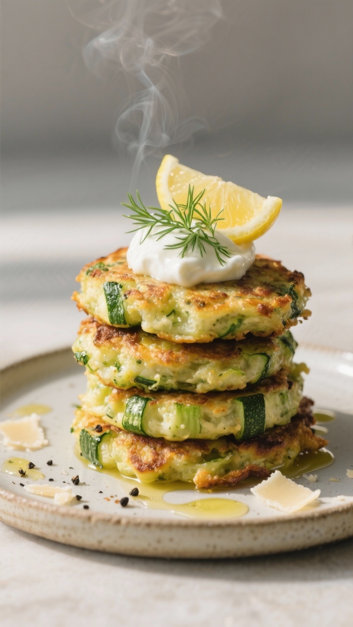 Final dish presentation: Restaurant-quality plate of three stacked zucchini fritters with a dollop o