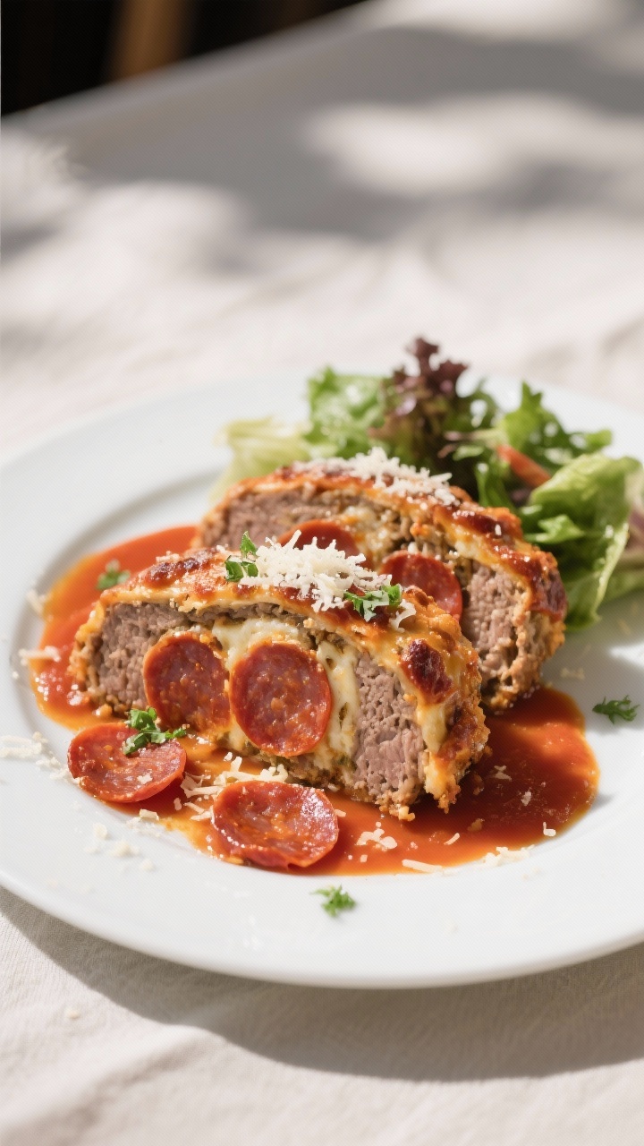 Final dish presentation: Restaurant-quality plate-up of two thick slices of pepperoni pizza stuffed