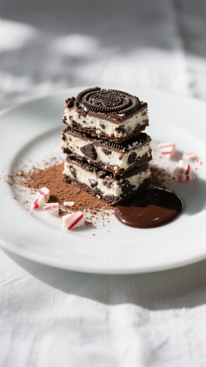 Final dish presentation: Restaurant-quality plate-up of three stacked Peppermint Cookies and Cream B