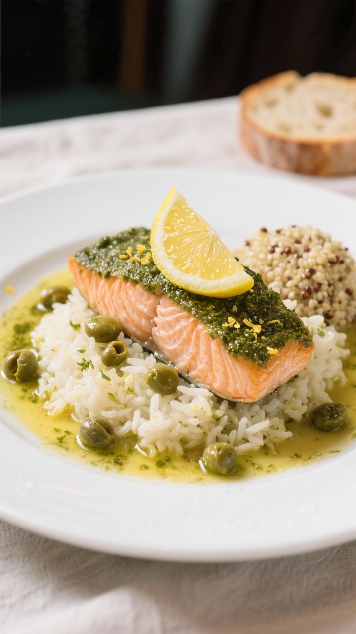 Final dish presentation: Restaurant-quality plate of pesto salmon over fluffy lemony rice with a dri