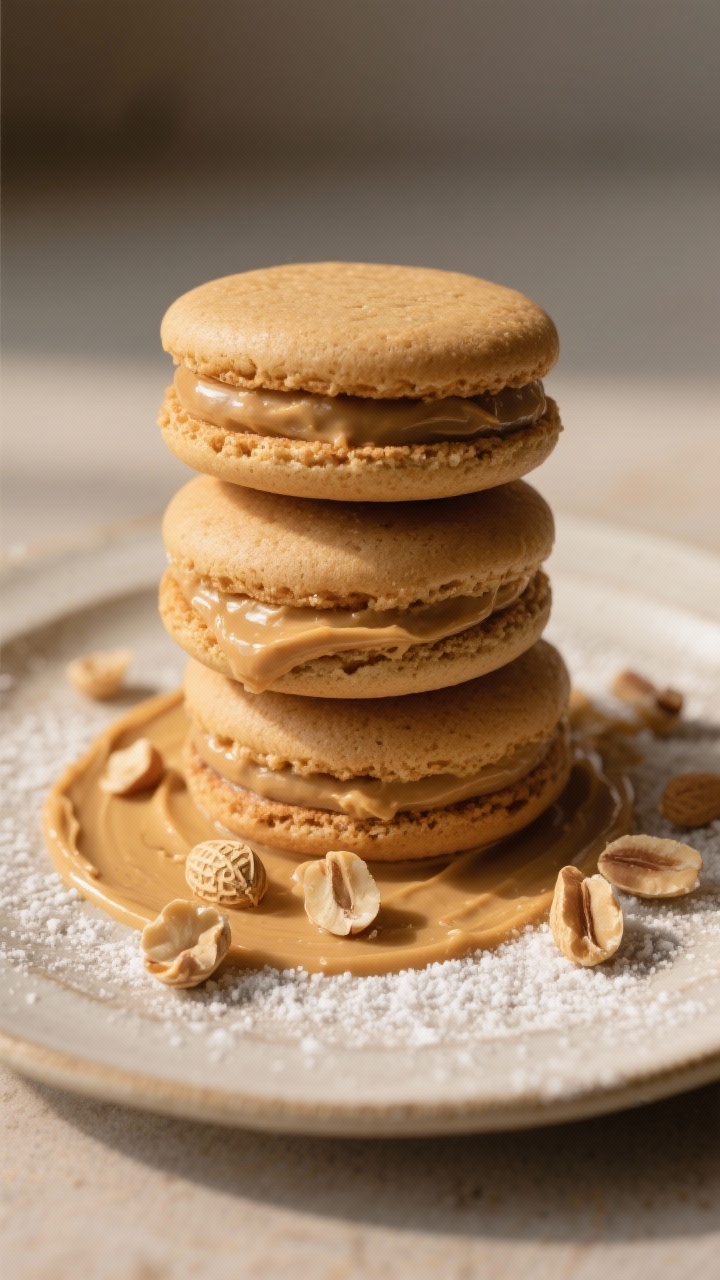 Final dish presentation: Restaurant-quality plate with three peanut butter whoopie pies stacked and 