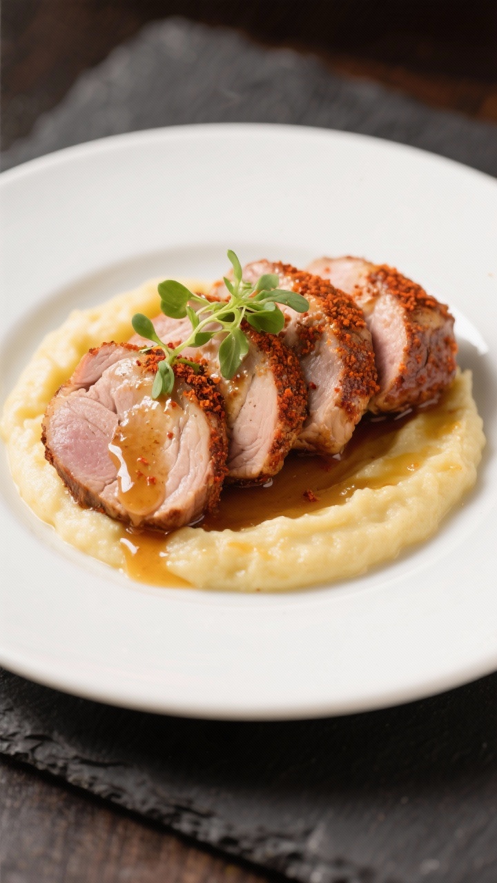 Final dish presentation: Restaurant-quality plate of smoked paprika rub pork tenderloin, fanned meda