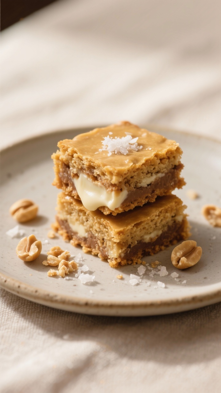 Final dish presentation: Restaurant-quality plate with two stacked blondie squares, one slightly til