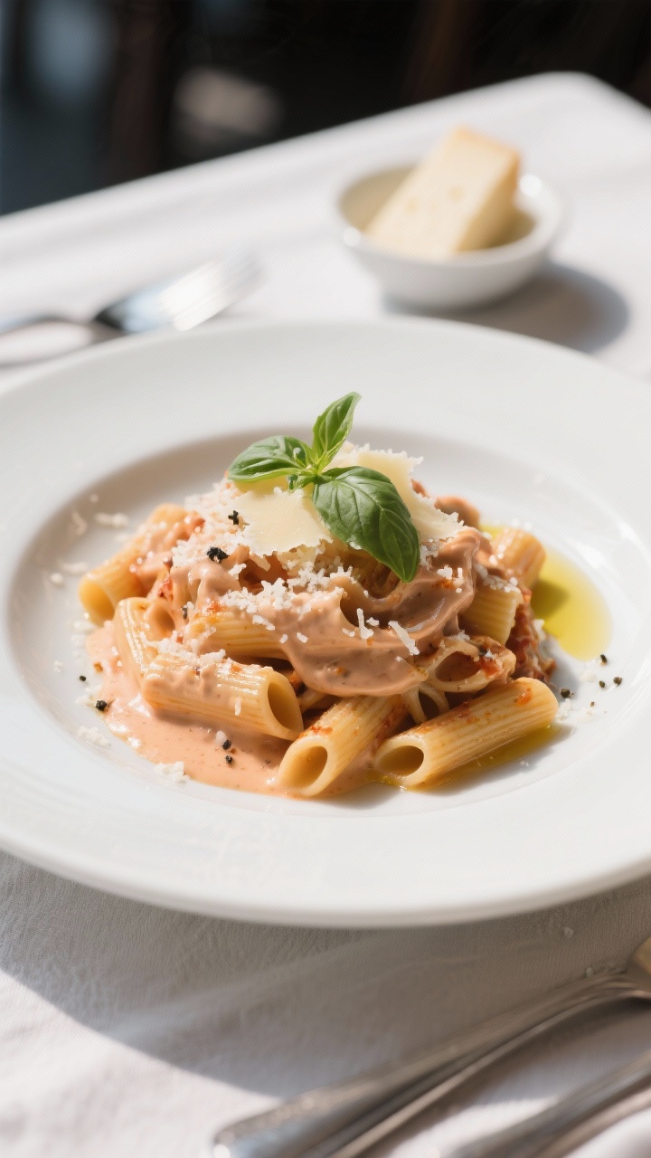 Final dish presentation: Restaurant-quality plate of rigatoni with creamy vodka sauce, twirled mound