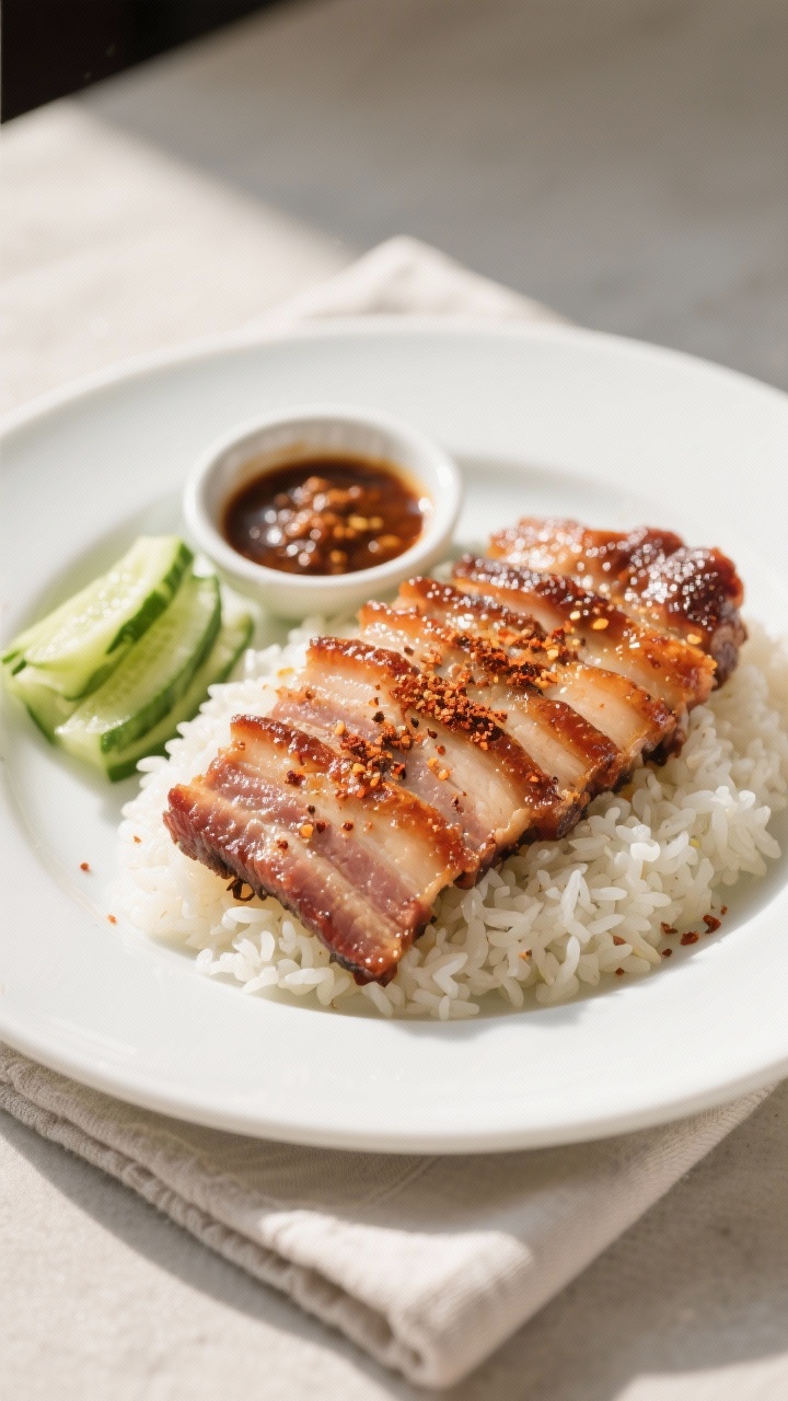 Final dish presentation: Restaurant-quality plate of air fryer pork belly with Asian-inspired five-s