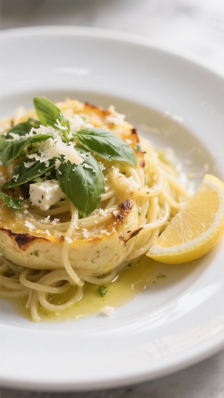 Final dish presentation: Restaurant-quality plate of baked feta spaghetti squash twirled into a moun