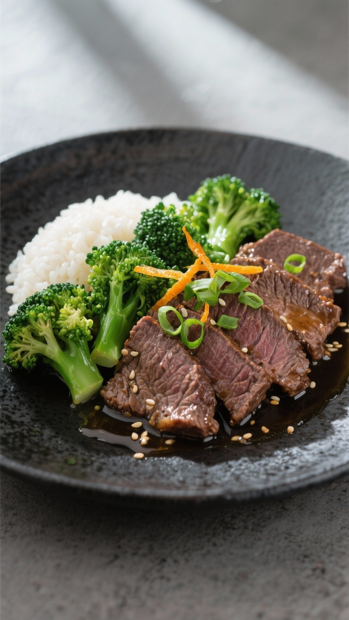 Final dish presentation: Restaurant-quality plate of beef and broccoli without rice, artfully arrang
