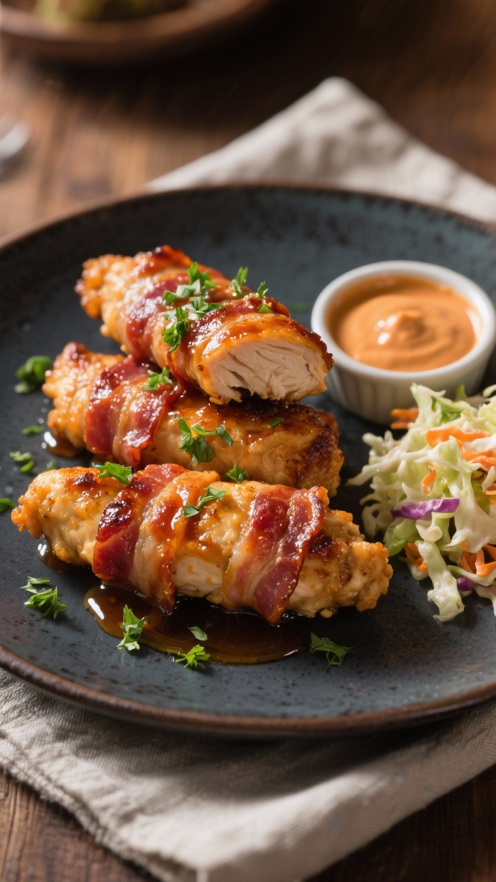 Final dish presentation: Restaurant-quality plate with three bacon wrapped chicken tenders stacked w