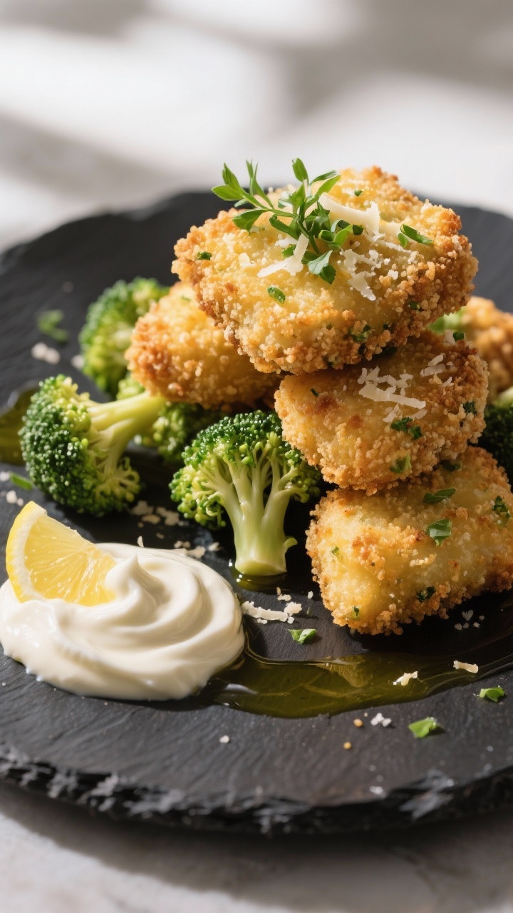 Final dish presentation: Restaurant-quality plate of Broccoli Cheese Nuggets stacked casually with a