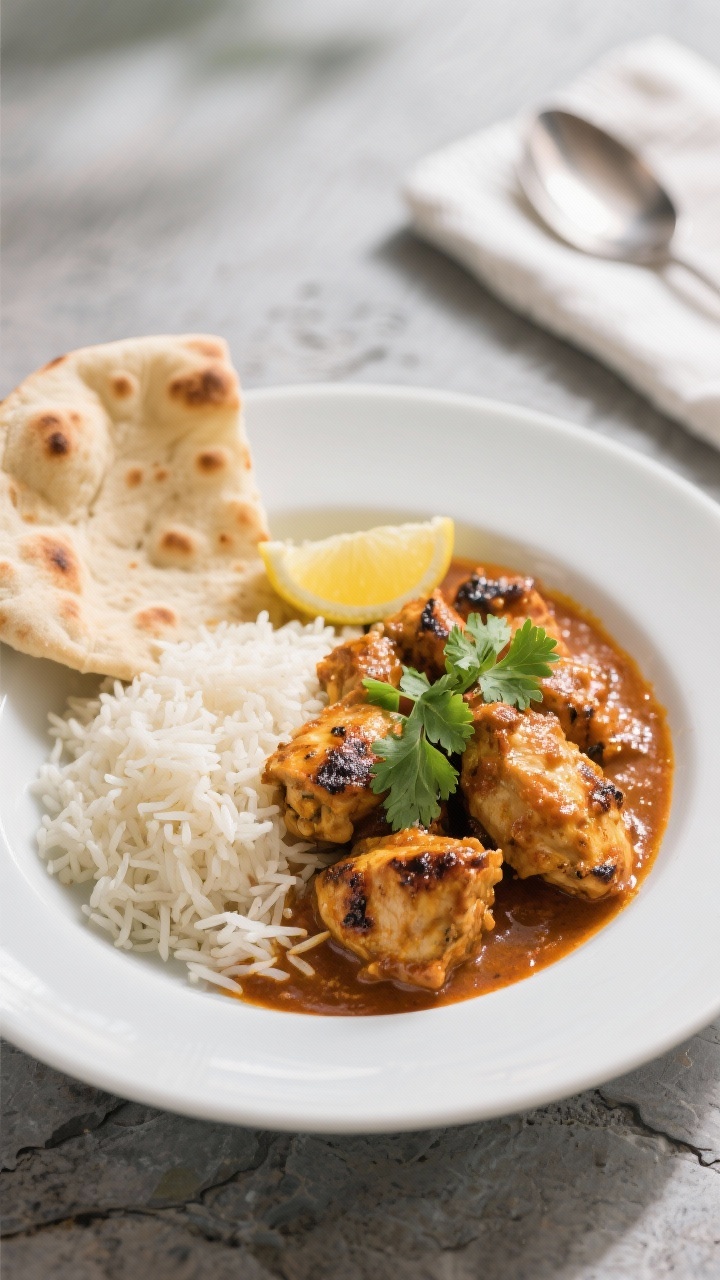 Final dish presentation: Restaurant-quality plate of chicken tikka masala served with fluffy basmati