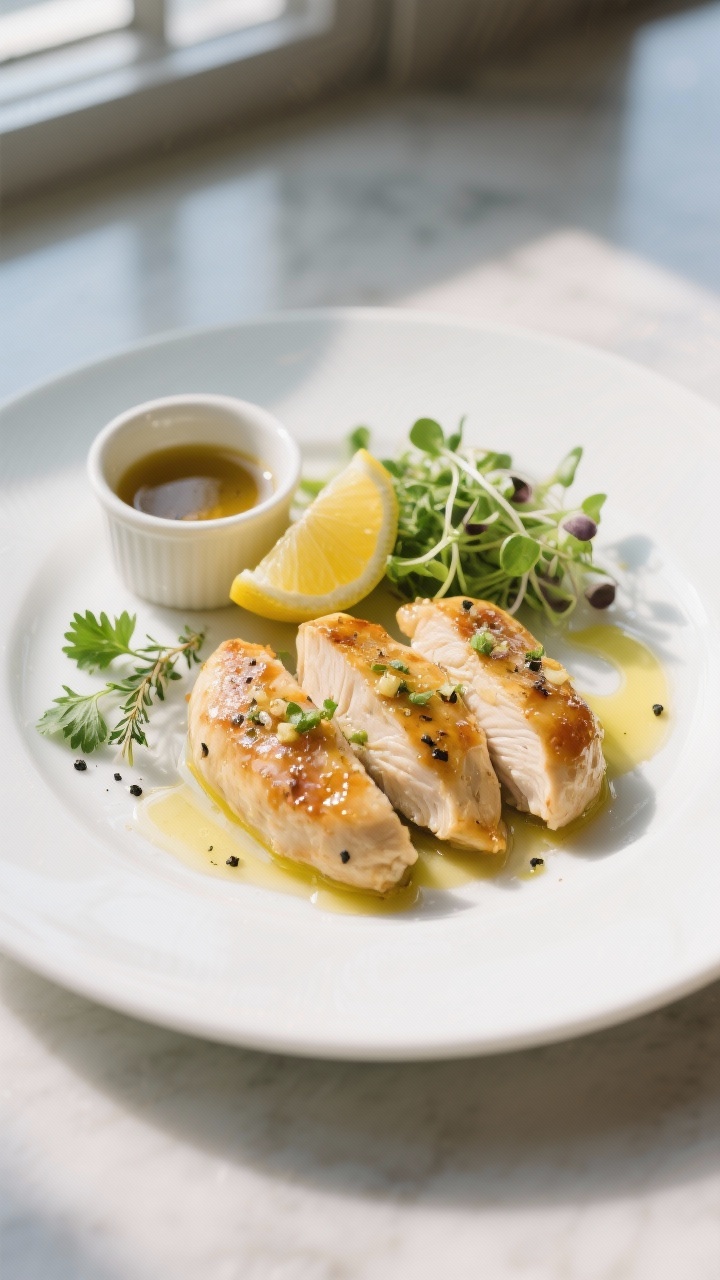 Final dish presentation: Restaurant-quality plate of chicken tenderloins glazed with a light lemon-g