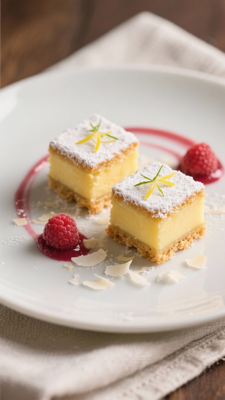 Final dish presentation: restaurant-quality plate with two lemon squares stacked slightly offset, cl