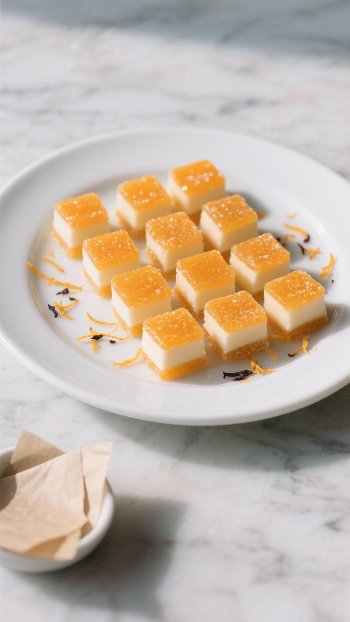 Final dish presentation: Restaurant-quality plate of Orange Creamsicle Gummies cut into neat bite-si
