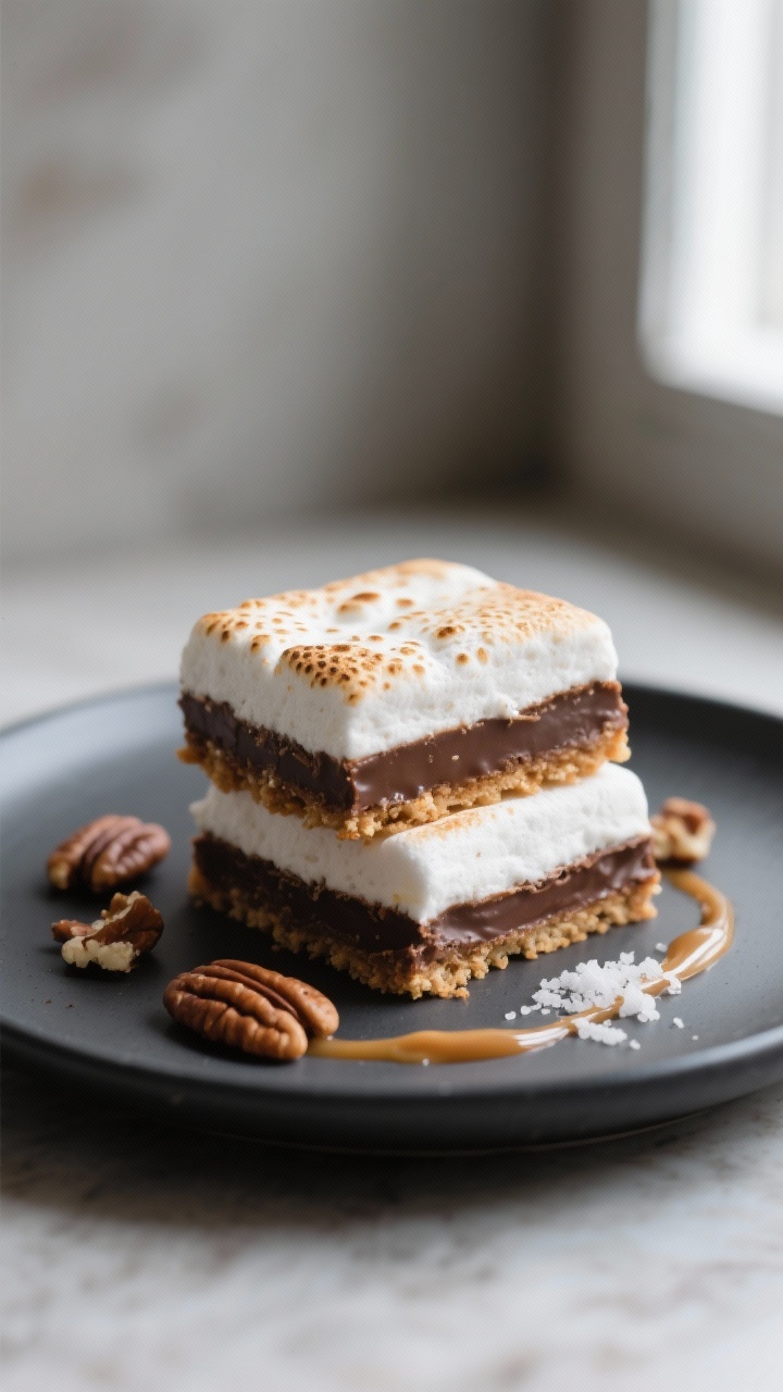 Final dish presentation: Restaurant-quality plate of two neatly cut Keto S’mores Bars stacked slig