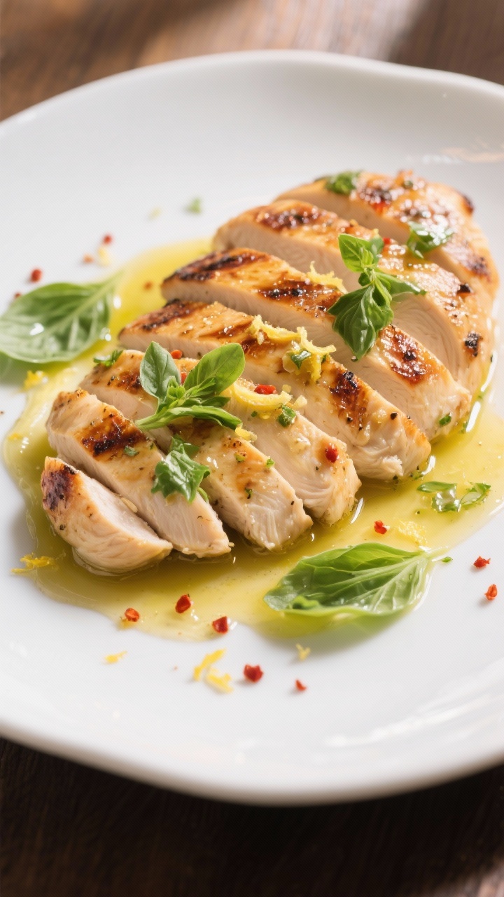 Final dish presentation: Restaurant-quality plated grilled chicken breast sliced and fanned on a whi