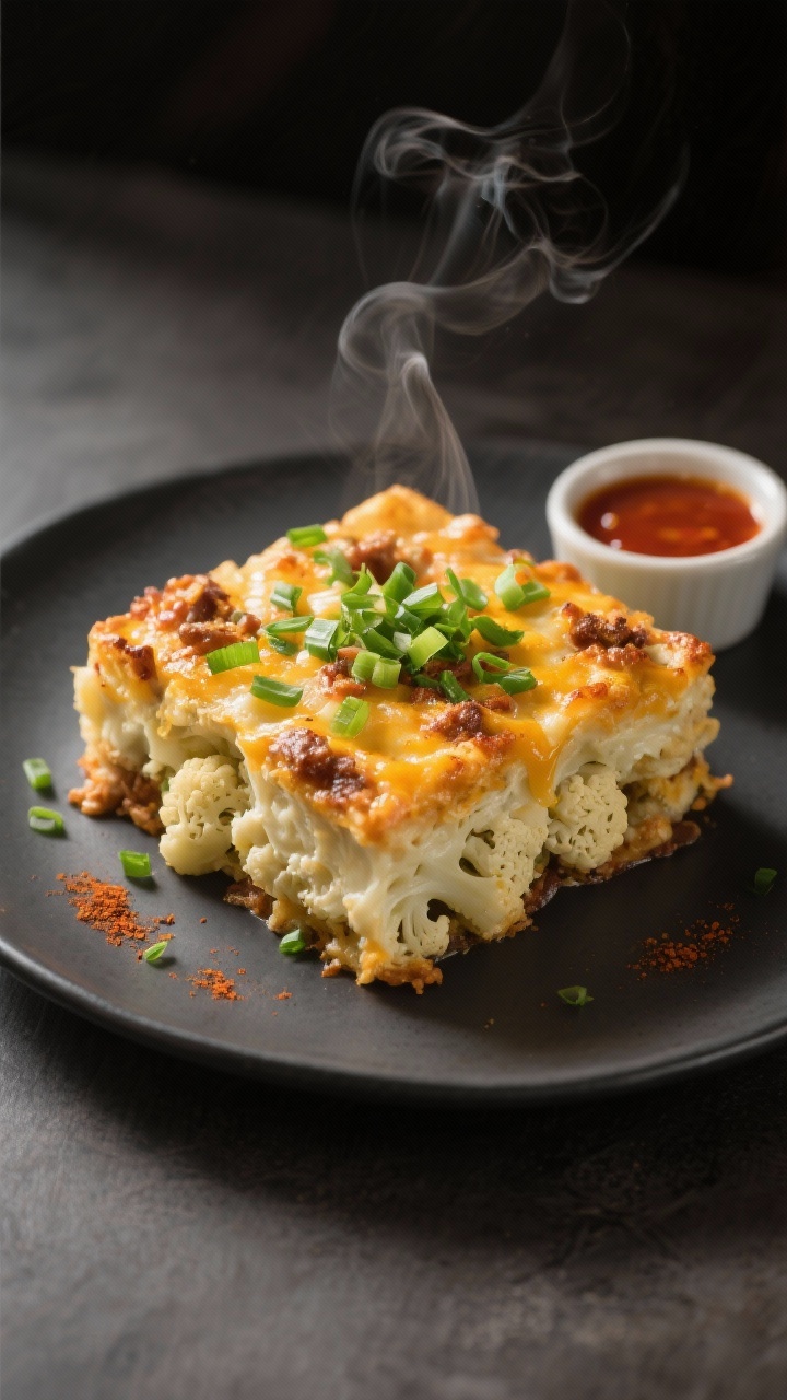 Final dish presentation: Restaurant-quality plated serving of Loaded Cauliflower Casserole on a matt