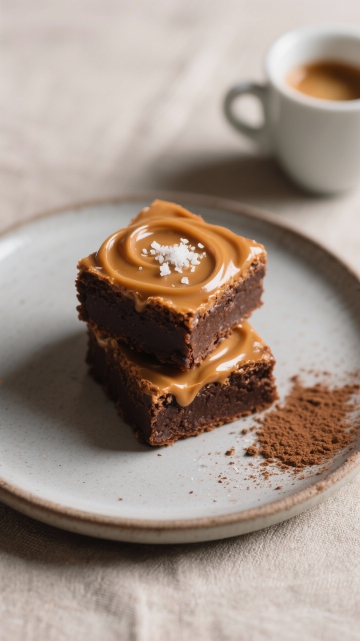 Final dish presentation: Restaurant-quality plated Caramel Macchiato Keto Brownies—two neat square