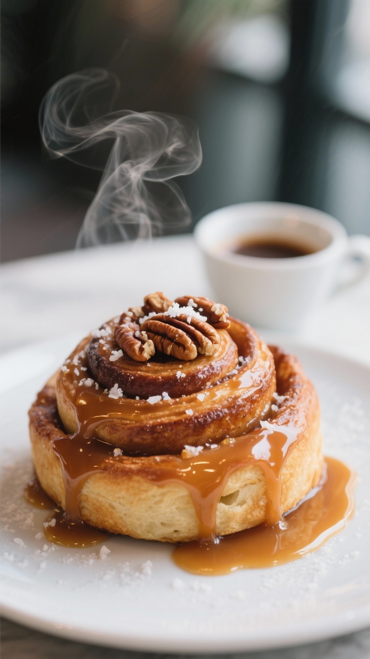 Final dish presentation: Restaurant-quality plated sticky bun on a matte white dessert plate, carame