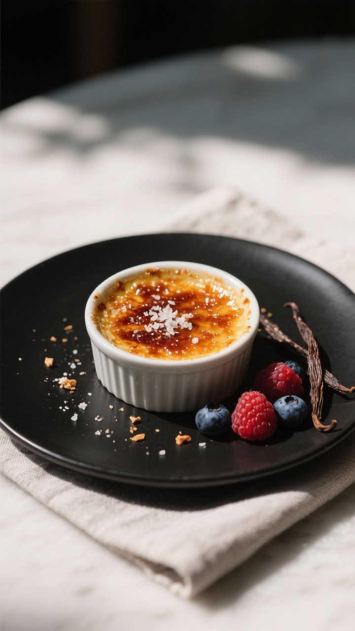 Final dish presentation: Restaurant-quality plated keto creme brulee on a matte black plate, ramekin