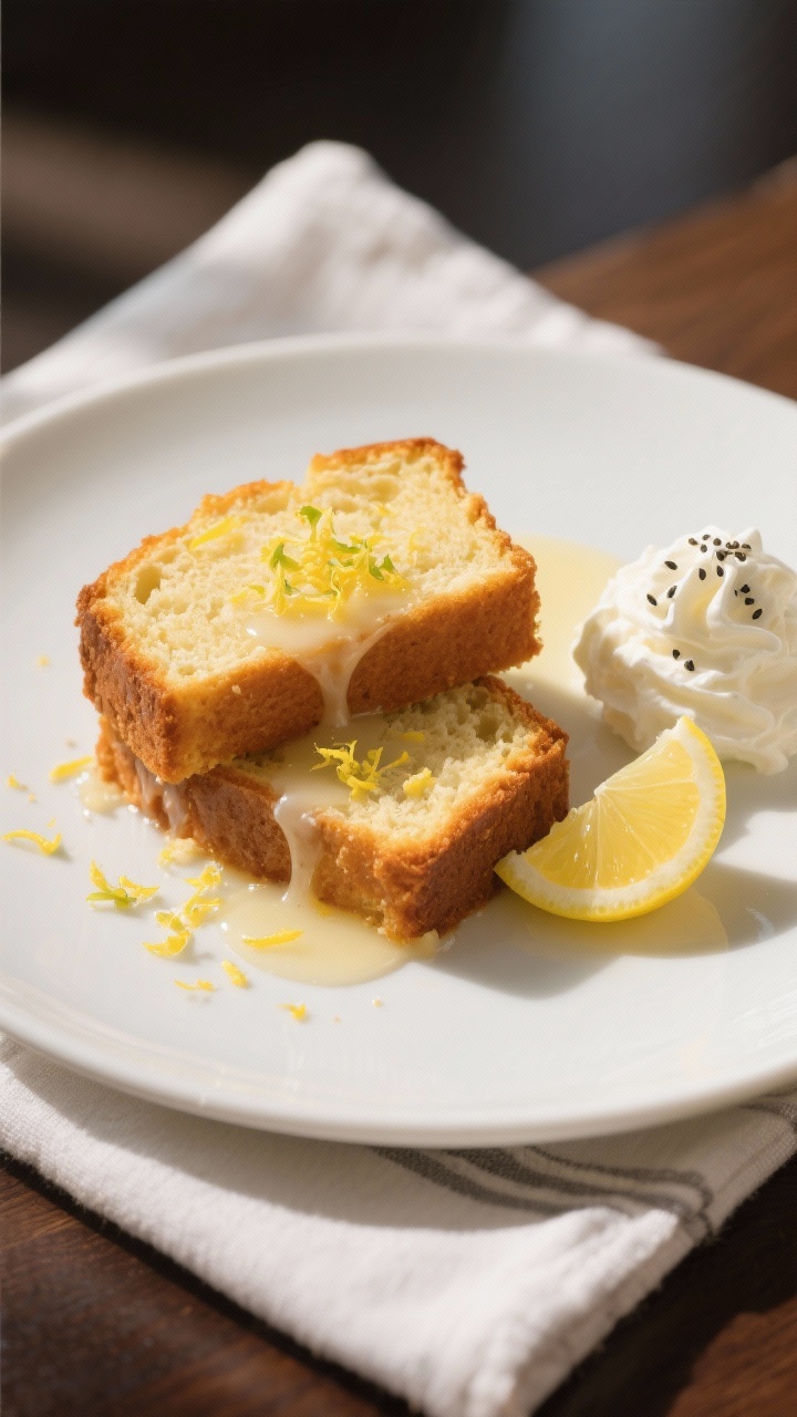 Final dish presentation: Restaurant-quality plated dessert—two thick slices of keto lemon pound ca