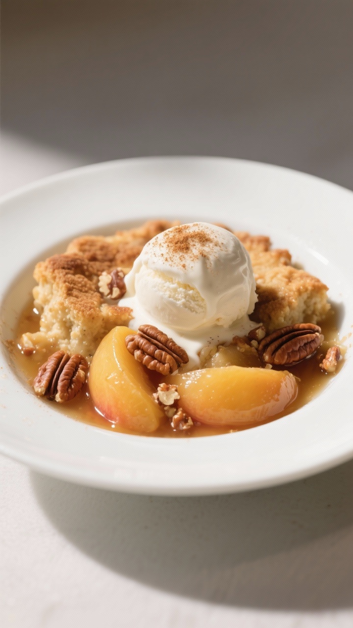Final dish presentation: Restaurant-quality plated serving of keto peach cobbler in a shallow white 
