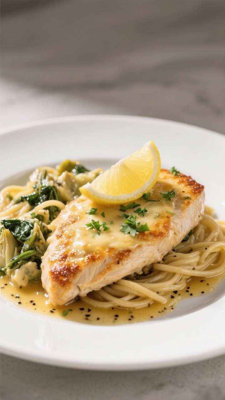 Final dish presentation: Restaurant-quality plated Lazy Spinach Artichoke Chicken Breast on a wide w