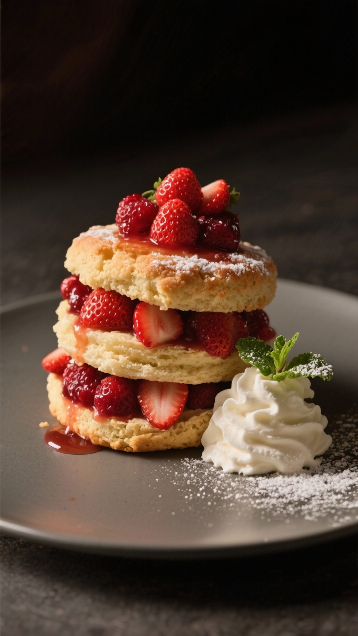 Final dish presentation: Restaurant-quality plated strawberry shortcake—one elegant stack centered