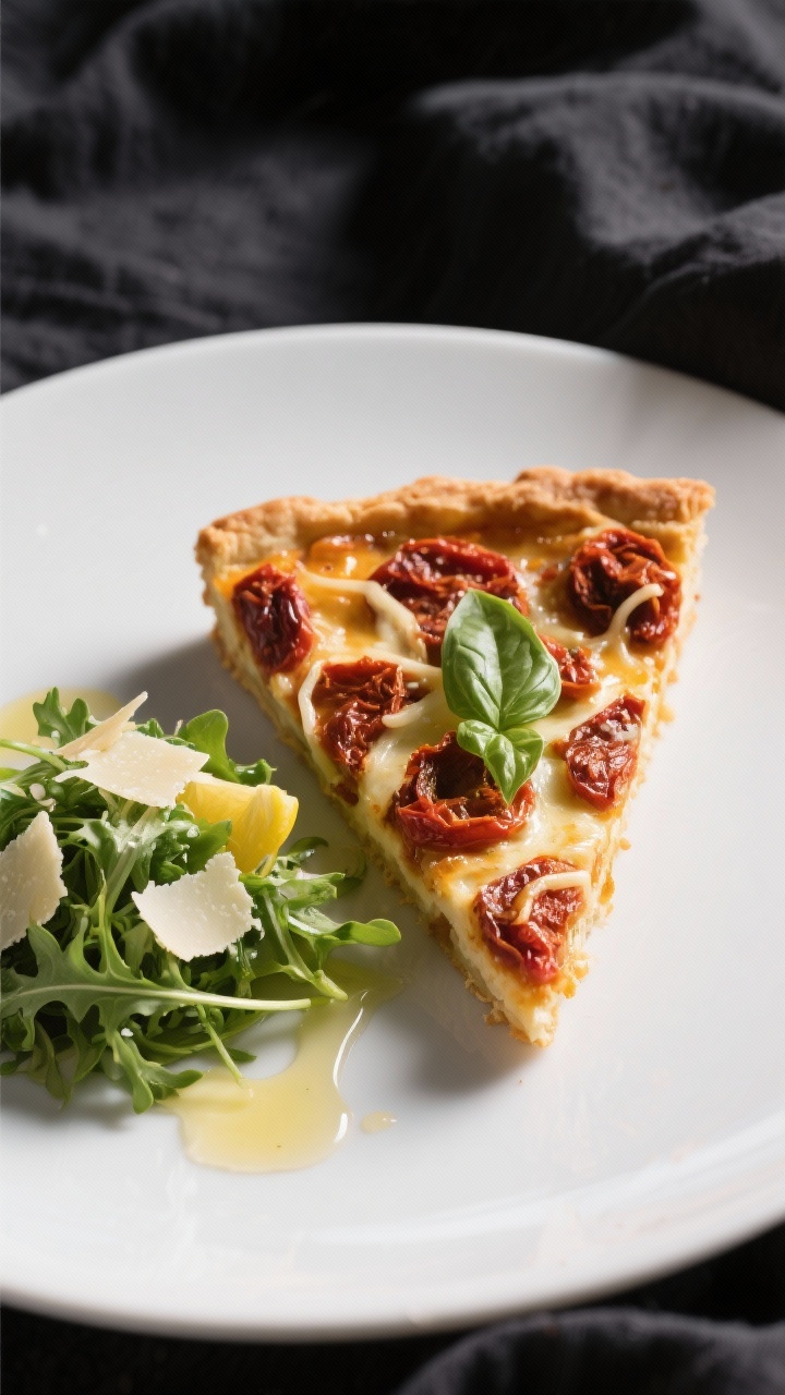 Final dish presentation: Restaurant-quality plated wedge of sun dried tomato quiche on a matte white