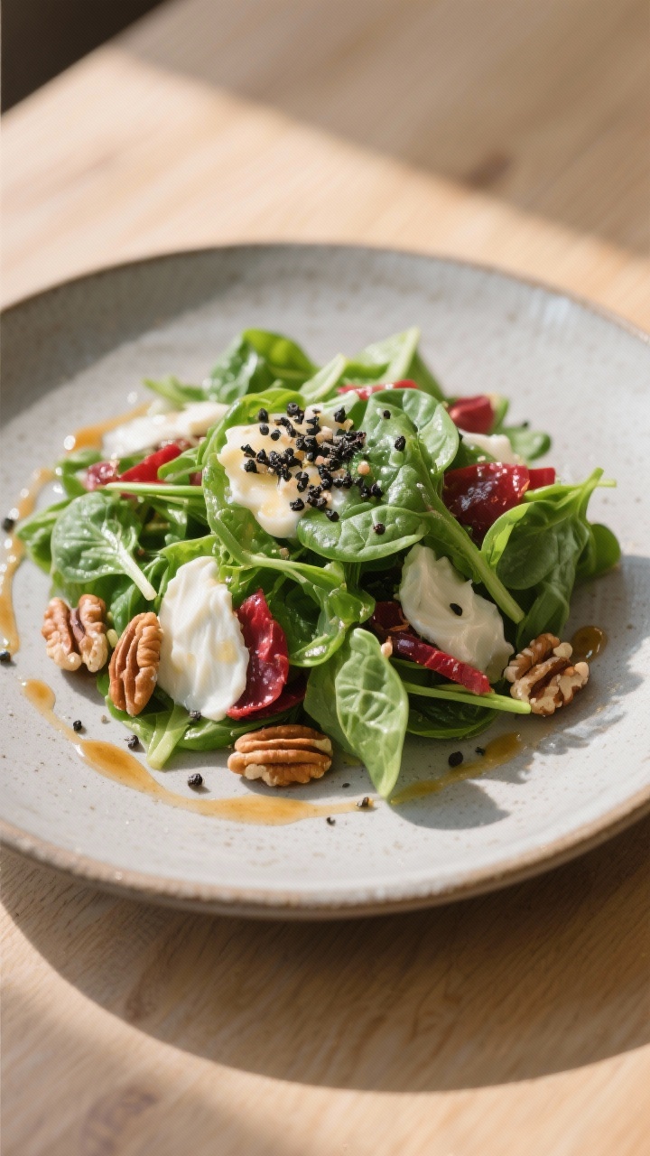 Final dish presentation: Restaurant-quality plated Baby Spinach Salad with balanced distribution of 