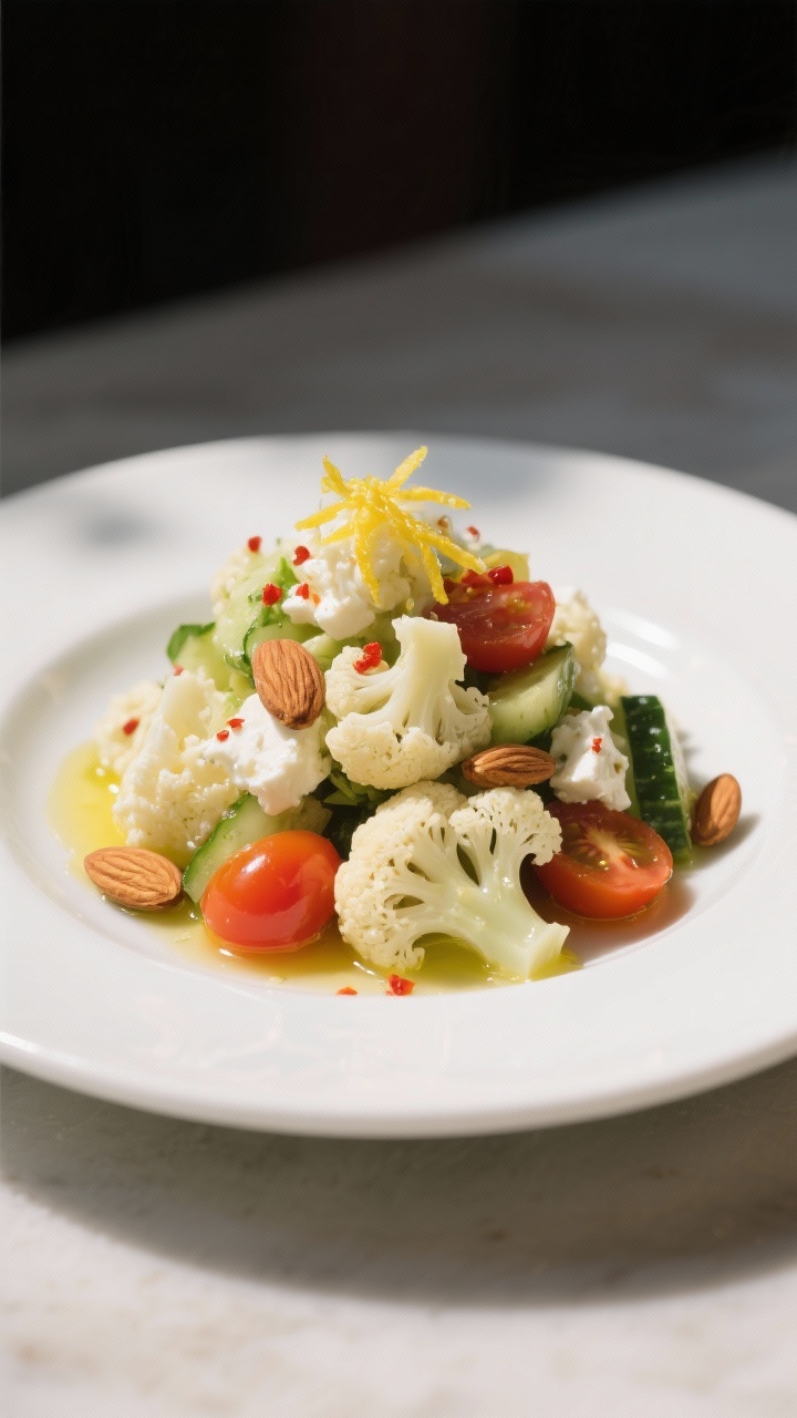 Final dish presentation: Restaurant-quality plated cauliflower salad as a composed side—neatly mou
