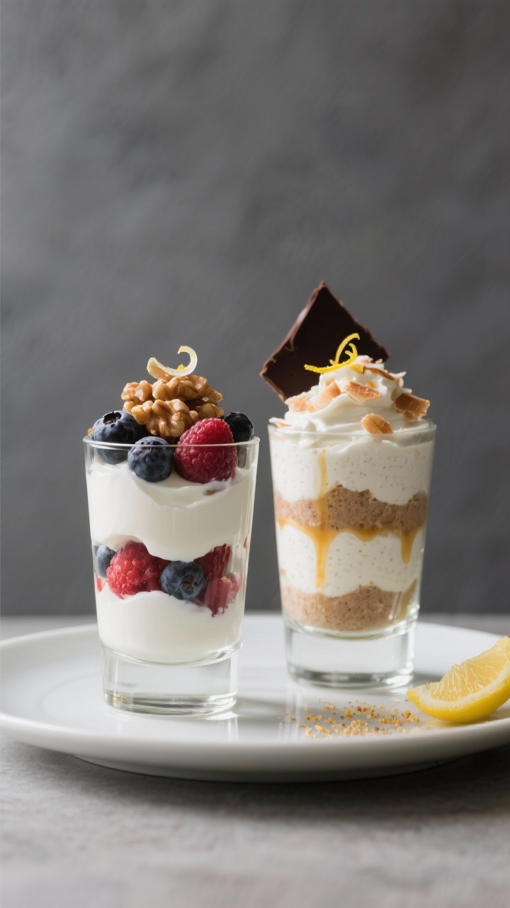 Final dish presentation: Restaurant-quality plated parfait duo—one classic with Greek yogurt and m