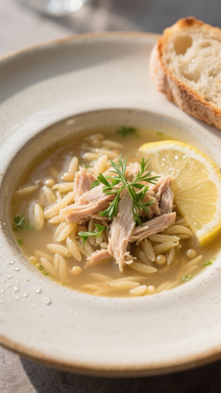 Final dish presentation: Restaurant-quality plated Leftover Turkey Soup (orzo variation) in a shallo