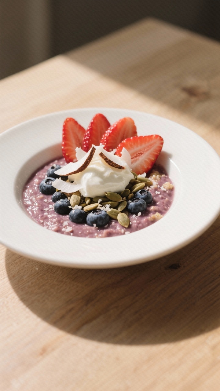 Final dish presentation: Restaurant-quality plated bowl of berry-vanilla protein overnight oats, lus