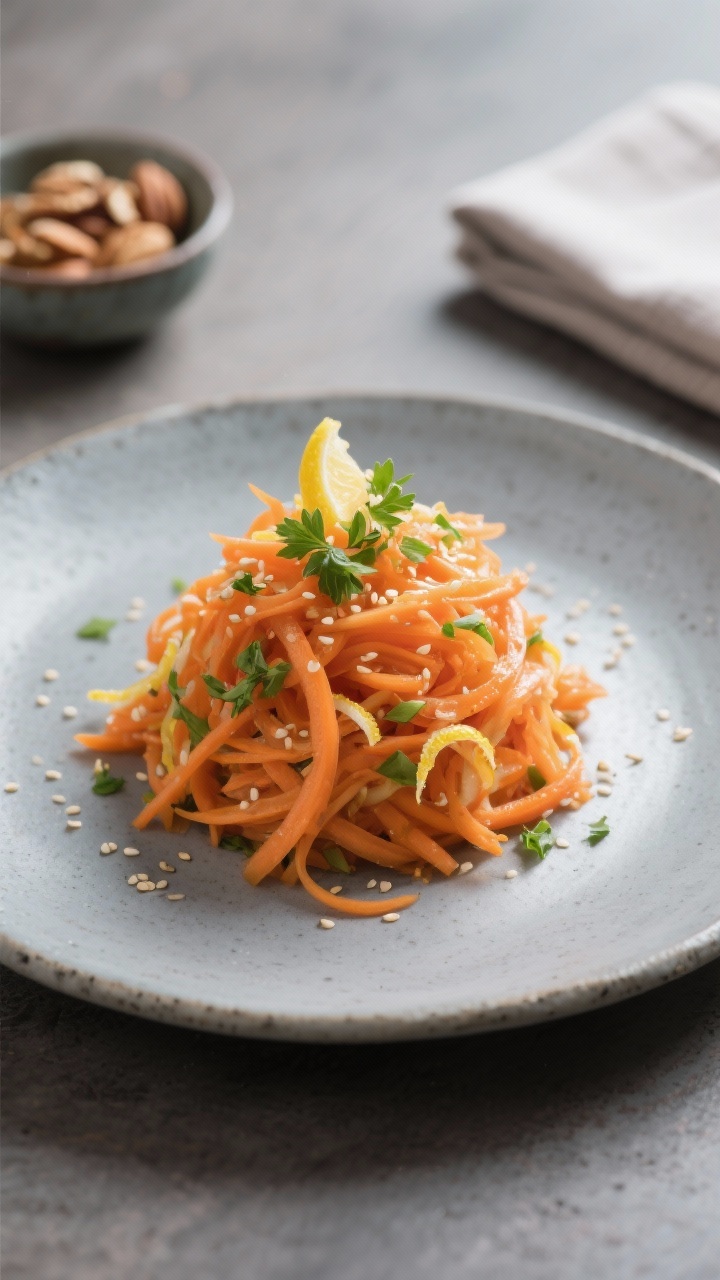 Final dish presentation: Restaurant-quality plated raw carrot salad shaped into a neat mound on a co
